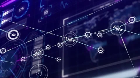 Cart hub initiating link, network expanding across UI, pulsing nodes visualizing Stock Footage 331125891