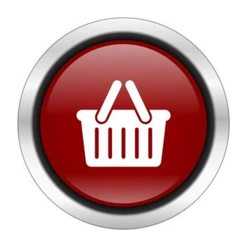 Cart icon, red round button isolated on white background, web design illustra Stock Illustration