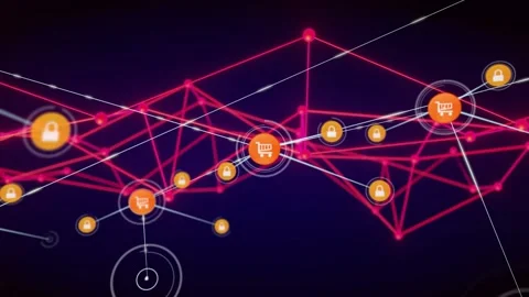 Cart node pulsing replicating carts and padlock icons on magenta mesh securing 스톡 동영상 330587804