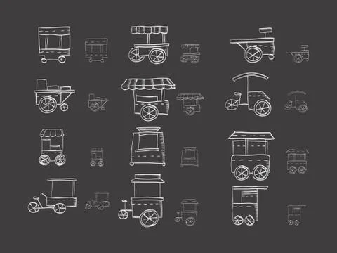 Cart stall sketch vector icons on black Stock Illustration