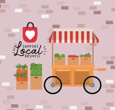 Cart with vegetables inside boxes and support local business vector design 스톡 일러스트