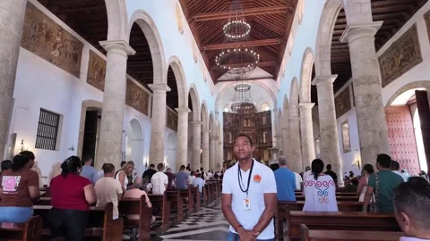 Cartagena Cathedral Interior Congregation and Altar View Colombia Stock Footage 338126776