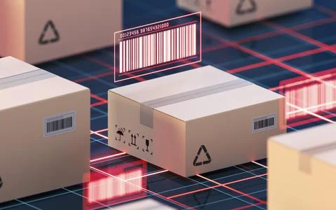 Carton and bar code, commodity inspection and transportation, 3d rendering. Illustrazione stock