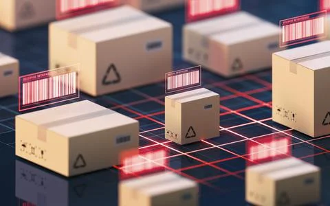 Carton and bar code, commodity inspection and transportation, 3d rendering. Stock-Illustration