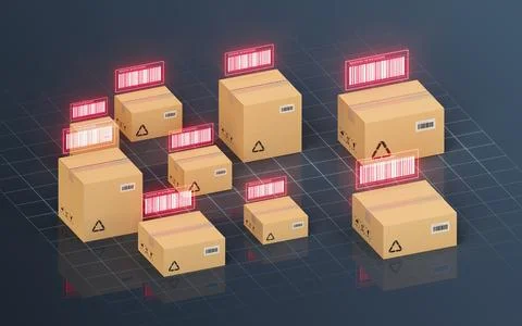 Carton and bar code, commodity inspection and transportation, 3d rendering. Stock Illustration