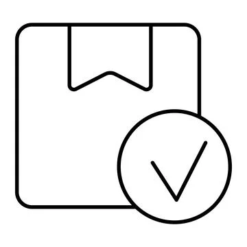 Carton box with a checkmark inside a circle. Simple outline vector icon Illustrazione stock