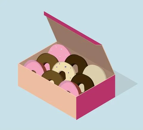 Carton box with different donuts. Vector isometric illustration. Stock Illustration