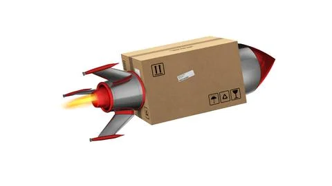 Carton box flies fast with rocket. concept of express and priority deliverys. 3d Stock Illustration