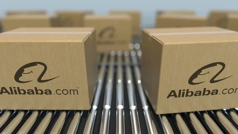 Carton boxes with Alibaba logo move on roller conveyor. Conceptual editorial Stock Footage 108780247