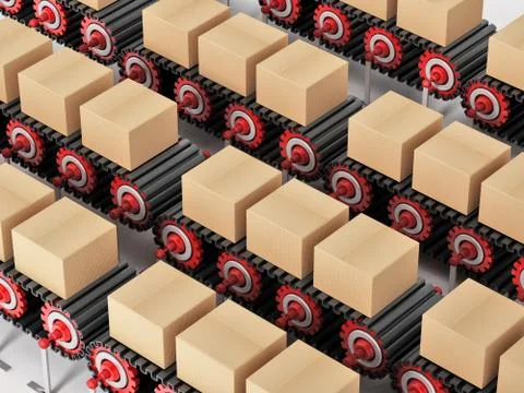 Carton boxes being transported on conveyor belts. 3D illustration Illustrazione stock