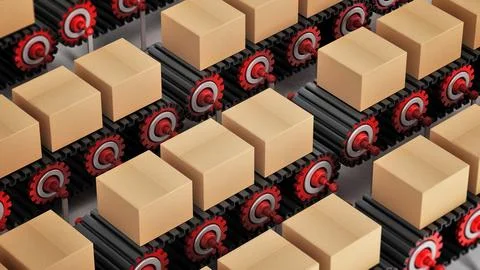 Carton boxes being transported on conveyor belts. 3D illustration Illustrazione stock