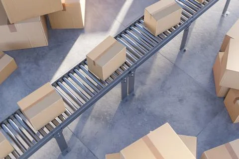 Carton boxes on conveyor system 3d render 스톡 일러스트