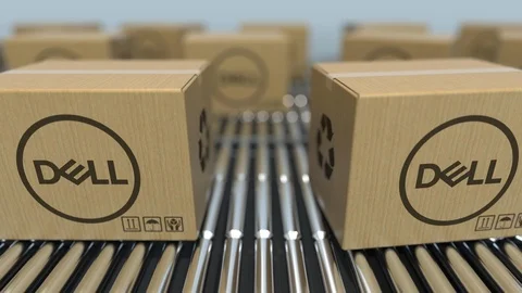 Carton boxes with DELL logo move on roller conveyor. Editorial loopable 3D Video stock 110916726