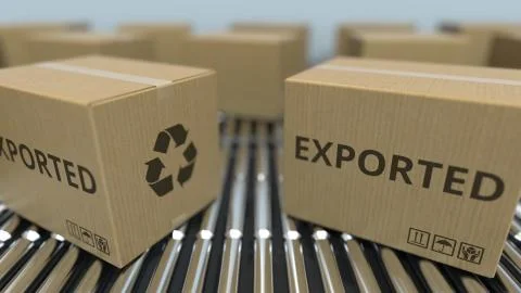 Carton boxes with EXPORTED text move on roller conveyor. 3D rendering Stock Illustration