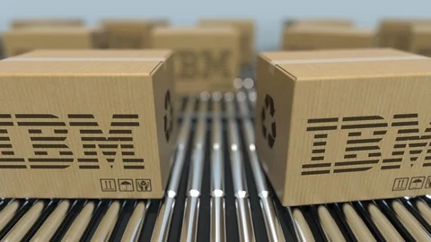 Carton boxes with IBM logo move on roller conveyor. Editorial loopable 3D Stock Footage 110915236
