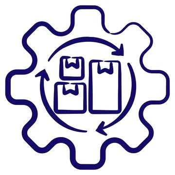 Carton boxes inside gearwheel with three cyclic arrows. Simple vector icon Stock Illustration