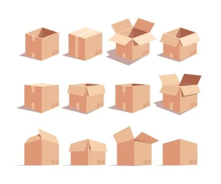 Carton boxes isometric 3D vector illustrations set Stock Illustration