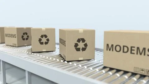 Carton boxes with modems on roller conveyor. 3D rendering Stock Illustration