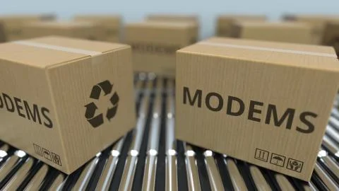 Carton boxes with modems on roller conveyors. 3D rendering Stock Illustration