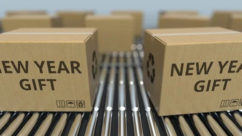 Carton boxes with NEW YEAR GIFT text move on roller conveyor. Loopable 3D Video stock 108776792