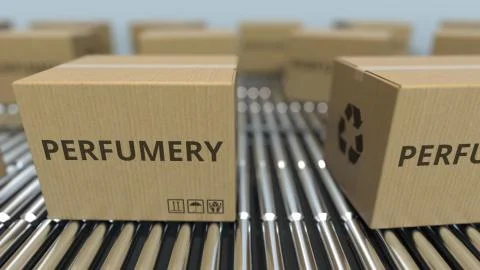 Carton boxes with PERFUMERY text move on roller conveyor. Realistic 3D rendering Illustration
