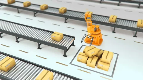 Carton boxes set and special transportation robot and hydraulic machine with Stock Footage 94356857