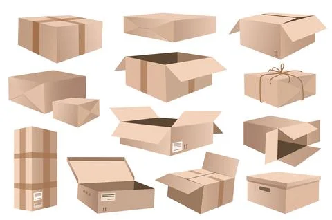 Carton boxes set graphic elements in flat design. Bundle of different open .. Illustrazione stock