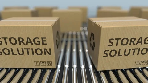 Carton boxes with STORAGE SOLUTION text move on roller conveyor. Loopable 3D Stock Footage 108776235