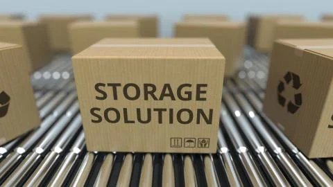 Carton boxes with STORAGE SOLUTION text move on roller conveyor. 3D rendering Stock Illustration