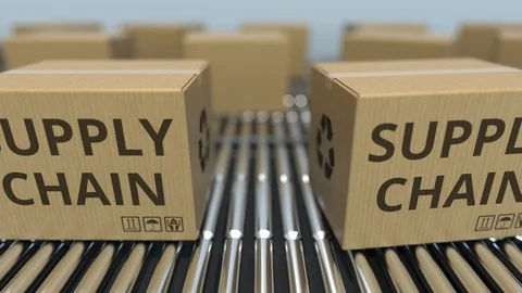 Carton boxes with SUPPLY CHAIN text move on roller conveyor. Loopable 3D Stock Footage 108775855