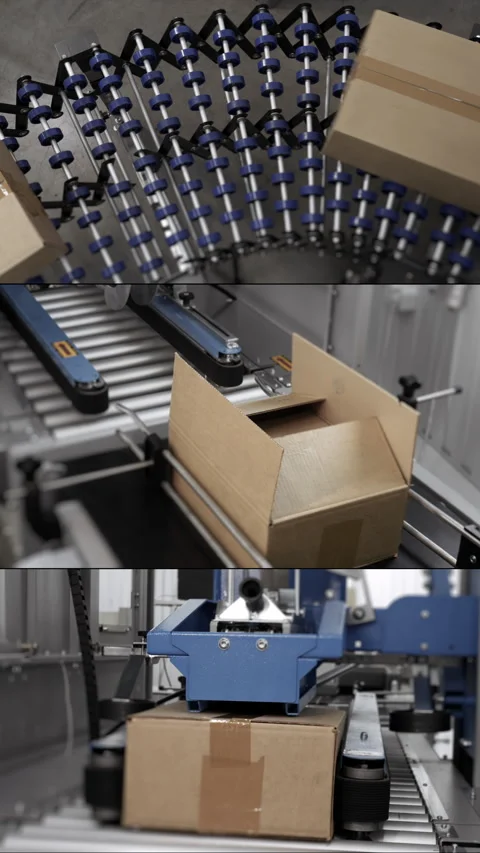 Carton boxes transported on the production conveyor line. Machinery mechanism Stock Footage 306576995
