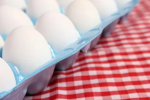 Carton of Eggs on Rustic Table With Checkered Table Cloth Stock Photos