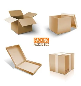 Carton packaging 3d box. Brown delivery set of different sized packages with Illustrazione stock