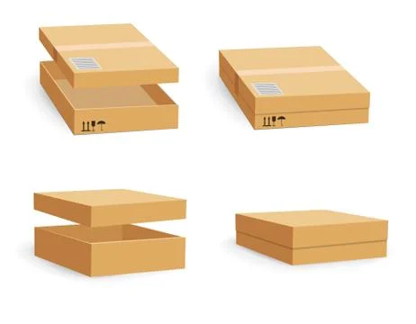 Carton packaging box. Delivery set of different sized packages with postal signs Stock Illustration