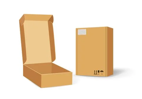 Carton packaging box. Delivery set of different sized packages with postal signs Stock Illustration