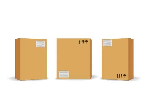 Carton packaging box. Delivery set of different sized packages with postal signs Stock Illustration