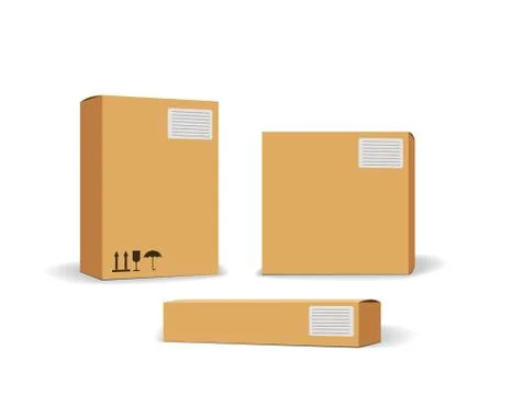 Carton packaging box. Delivery set of different sized packages with postal signs Stock Illustration