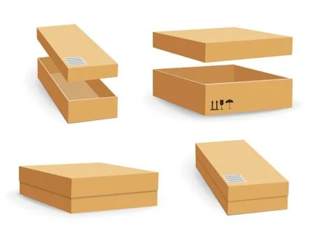 Carton packaging box. Delivery set of different sized packages with postal signs Stock Illustration