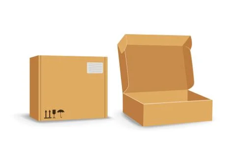 Carton packaging box. Delivery set of different sized packages with postal signs Stock Illustration