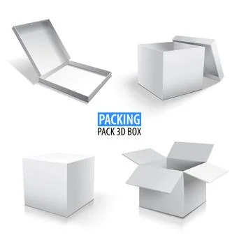 Carton packaging white 3d box. Brown delivery set of different sized packages Stock Illustration