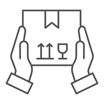 Carton parcel box in hands thin line icon, delivery service symbol, courier Stock Illustration