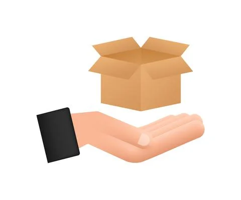 Carton parcel open box in hands. Shipping delivery symbol. Gift box icon. Vector 스톡 일러스트