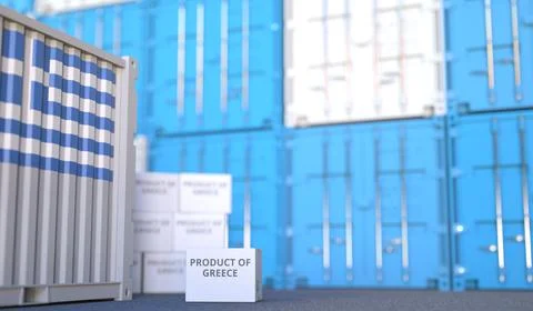 Carton with PRODUCT OF GREECE text and many containers, 3D rendering Illustrazione stock
