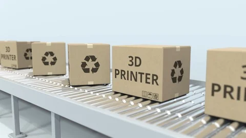 Cartons with 3D printers on roller conveyor. Loopable 3D animation Stock Footage 112604751