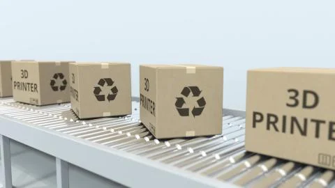 Cartons with 3D printers on roller conveyor. 3D rendering Stock Illustration