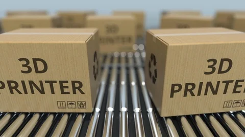 Cartons with 3D printers on roller conveyors. Loopable 3D animation Stock Footage 112840297