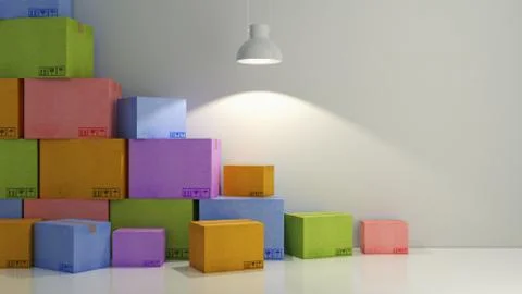 Cartons of colors in empty room 3D Stock Illustration