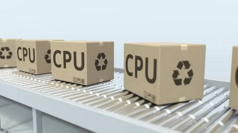 Cartons with computer CPUs on roller conveyor. 3D rendering Stock Illustration