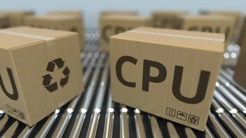 Cartons with computer CPUs on roller conveyors. 3D rendering Illustrazione stock