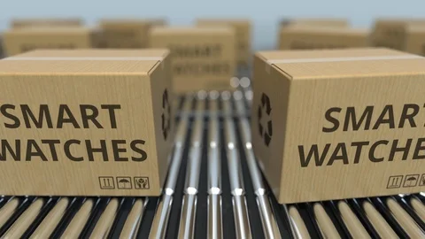 Cartons with computer smart watches on roller conveyors. Loopable 3D animation Video stock 112868385